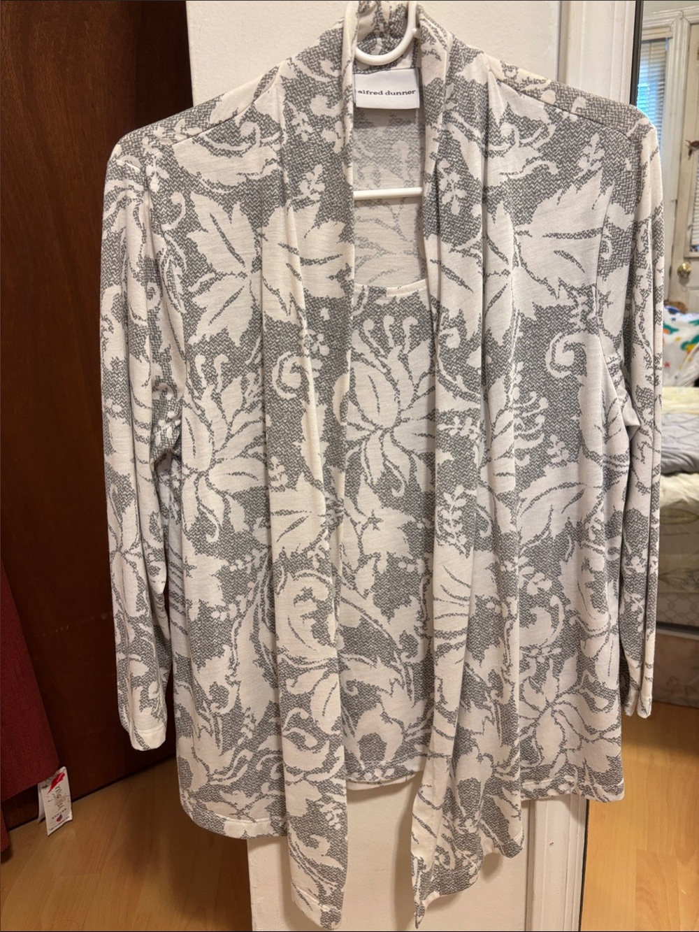 Alfred Dunner Gray & White Floral Open Drape Cardigan